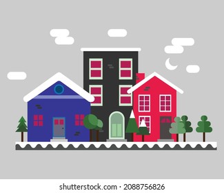 A Cute and Beautiful vector illustration of a small residential suburb town in winter, with snow and clouds, Christmas season concept, home sweet home concept, residential areas concept, winter season