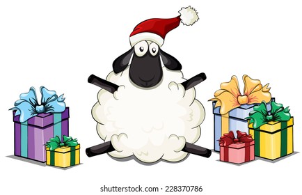 cute beautiful vector Santa sheep with gift boxes isolated on white