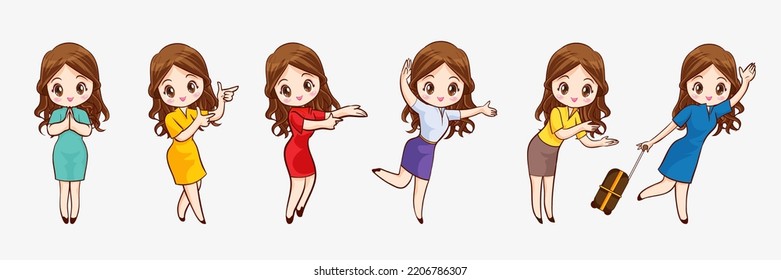 Cute Beautiful Woman Cartoon Character Different Stock Vector (Royalty