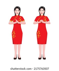 Frische schöne Frauenkleidung in Kirschblüten Blumenmuster roter Cheongsam Chinesisches traditionelles Kleid mit 2 Handzeichen bedeutet Gruß oder Empfang oder danke, dass Sie in Cartoon Vektorgrafik zeichnen