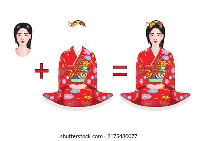 Cute beautiful woman dress in red and flower pattern kimono Japan traditional dress split and combine drawing in vector