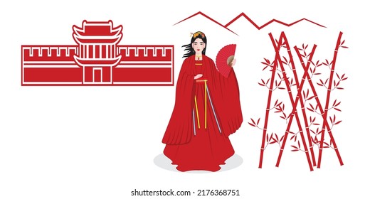 Cute Beautiful Woman Dress In Red Color Ancient Chinese Traditional Dress Called Hanfu Dress Holding Red Folding Fan Background With Mountain View And Chinese Style City Gate And Bamboo Pattern Drawin