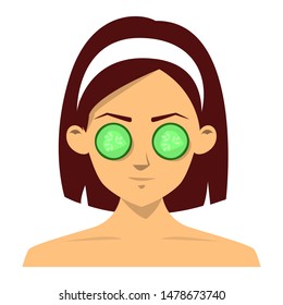 Cute beautiful woman face with cucumber slice mask on eyes vector isolated. Facial treatment and skin care. Natural mask, hygiene and cleansing.