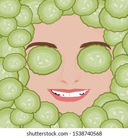 Cute beautiful woman face with cucumber slice mask on eyes vector isolated. Facial treatment and skin care. Natural mask, hygiene and cleansing. Banner, poster, wallpaper, print, promotional material.
