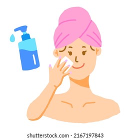 Cute Beautiful Woman Girl Pink Towel Hair Wrap Skincare Product Icon Morning Routine Cleanser Cleansing Oil Step Pump bottle Isolated Vector Illustration 