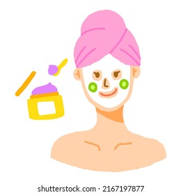 Cute Beautiful Woman Girl Pink Towel Hair Wrap Skincare Product Icon Morning Routine Face Mask Sheet Peel off Step Cucumber on Cheek Jar Bowl Spoon Isolated Vector Illustration 