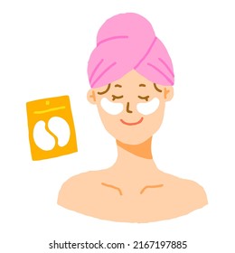 Cute Beautiful Woman Girl Pink Towel Hair Wrap Skincare Product Icon Morning Routine Eye Mask Patch Under Eye Sheet Step Isolated Vector Illustration 