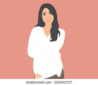 Cute beautiful woman smiling happy looking with tender eyes. Vector illustration.