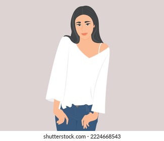 Hermosa mujer guapa sonriendo feliz mirando con los ojos tiernos. Ilustración vectorial.