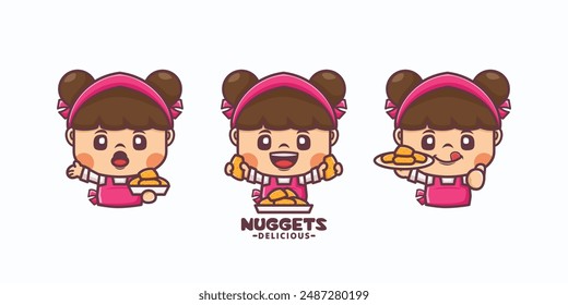 Cute beautiful women cartoon with nuggets. cartoon illustrations with different poses and expressions