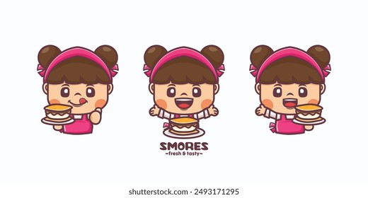 Cute beautiful women cartoon with S'mores. cartoon illustrations with different poses and expressions