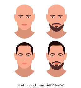 Cute beautiful young boys faces with various hair style and beard. Brunette men. Set of avatars. Vector collection