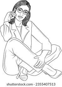 Cute and Beautiful Young Woman Sitting On The Floor With hand on tha chick Vector Illustration, Pretty Girl Wearing Glasses Drawing