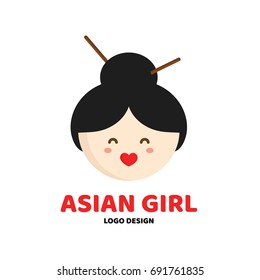 Cute beauty asian girl face logo template. Vector flat cartoon character illustration icon.Isolated on white background. Concept logo for asian food sushi restaurant,massage parlor, beauty saloon
