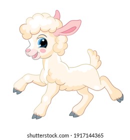 Cute beauty cartoon character lamb. Vector illustration isolated on white background. For postcard, posters, nursery design, greeting card, stickers, room decor, t-shirt, kids apparel, invitation,book