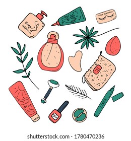 Cute beauty cosmetics poster. Make up and skin care products in modern flat style. Female, girlish concept. Vector illustration