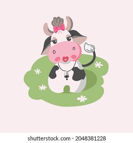 Cute beauty cow with bow on her head and long eyelashes illustration for nursery