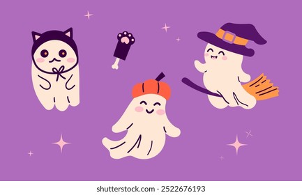 Lindo fantasma de belleza. Personajes fantasmas de Halloween felices, criatura de expresión espeluznante. Divertido demonio mágico de miedo con calabaza, Clipart de Vector creativo misterio