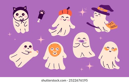 Cute beauty ghost. Happy Halloween ghosts characters, spooky expression creature. Funny scary magic demon with pumpkin, mystery creative vector clipart