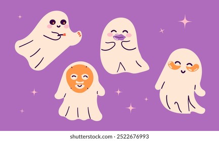 Cute beauty ghost. Happy Halloween ghosts characters, spooky expression creature. Funny scary magic demon with Eye and lip Patches, mystery creative vector clipart