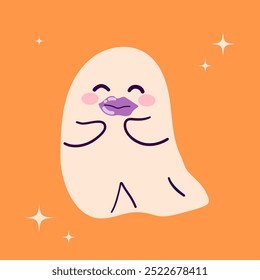 Cute beauty ghost. Happy Halloween ghosts characters, spooky expression creature. Funny scary magic demon with lips patches , mystery creative vector clipart