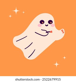 Cute beauty ghost. Happy Halloween ghosts characters, spooky expression creature. Funny scary magic demon paints her nails, mystery creative vector clipart