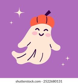 Lindo fantasma de belleza. Personaje fantasma de Halloween feliz, criatura de expresión espeluznante. Divertido demonio mágico de miedo con calabaza, Clipart de Vector creativo misterio