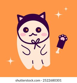 Lindo fantasma de belleza. Personajes fantasmas de Halloween felices, criatura de expresión espeluznante. Divertido demonio mágico de miedo con sombrero de gato, Clipart de Vector creativo de misterio