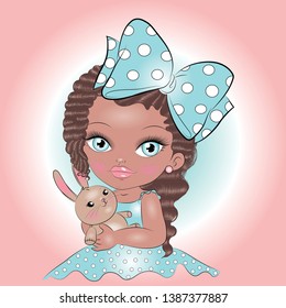 Cute Beauty Girl African girl Blue and Rabbit Toy