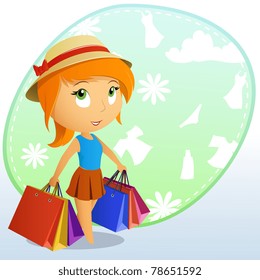 Cute beauty girl in the cap with shopping bags on background. Vector illustration.