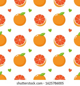 Cute beauty grapefruit fruit and hearts seamless pattern. Vector flat cartoon illustration icon design, Isolated on pink background. Grapefruit fruit pattern concept