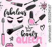 Cute beauty queen elements - funny doodle, seamless pattern. Lipstick, eyelashes, hearts, fashion elements. Cartoon background, texture for bedsheets, pajamas, wrapping papers.