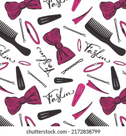 Vektormuster Illustration Professional Friseur Tools Barbershop Beauty Friseur Salon Glamor Mode Vogue-Stil Comb, Haare Stifte, Schleife. Design für den Druck