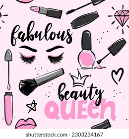 Cute beauty queen elements - funny doodle, seamless pattern. Lipstick, eyelashes, hearts, fashion elements. Cartoon background, texture for bedsheets, pajamas, wrapping papers.