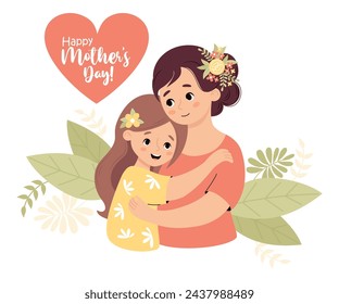 Cute beauty woman mother with her daughter teenager. Happy mothers day card. Vector illustration in flat cartoon style