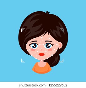 Cute beauty young woman girl Face ID.Face recognition and scanning. Vector flat modern style icon design. Biometric scanning facial recognition,Face ID concept