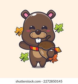 Cute beaver with acorns at autumn season. Mascot cartoon vector illustration suitable for poster, brochure, web, mascot, sticker, logo and icon.