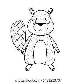 Cute beaver animal in black and white. Forest character for kids design. Woodland mammal in outline for coloring. Vector illustration