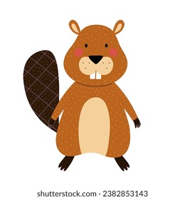 Cute beaver animal in cartoon style. Forest character for kids design. Woodland mammal isolated on white background. Vector illustration