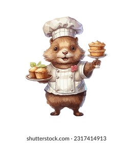 Cute Beaver As Baker Carry Cakes Standing Dynamically