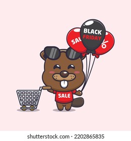 cute beaver in black friday with balloon and shopping cart