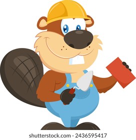 Cute Beaver Builder Cartoon Character Wearing A Helmet And Using Trowel And Brick. Vector Illustration Flat Design Isolated On Transparent Background