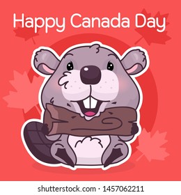 Cute beaver canadian symbol kawaii character social media post mockup. Happy Canada day typography. Poster, card template with mascot and maple leaves. Social media content, print design layout