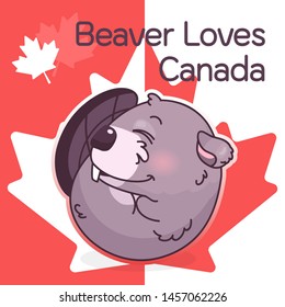 Cute beaver canadian symbol kawaii character social media post mockup. Beaver loves Canada typography. Poster, card template with mascot and maple leaves. Social media content, print design layout