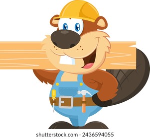 Cute Beaver Carpenter Cartoon Character Holding Wood Plank. Vector Illustration Flat Design Isolated On Transparent Background