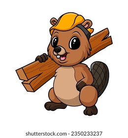 a cute beaver carrying logs 