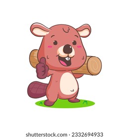 Cute Beaver Cartoon Character Carrying Wood Mascot vector illustration. Kawaii Adorable Animal Concept Design. Isolated White background.