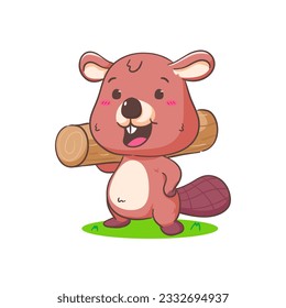 Cute Beaver Cartoon Character Carrying Wood Mascot vector illustration. Kawaii Adorable Animal Concept Design. Isolated White background.