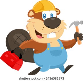 Cute Beaver Cartoon Character Construction Worker Running Tool Box And Hammer. Vector Illustration Flat Design Isolated On Transparent Background