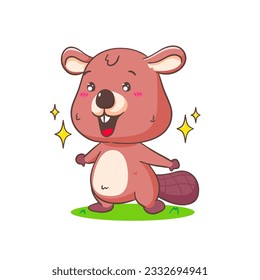 Cute Beaver Cartoon Character Excited Expression  Mascot vector illustration. Kawaii Adorable Animal Concept Design. Isolated White background.